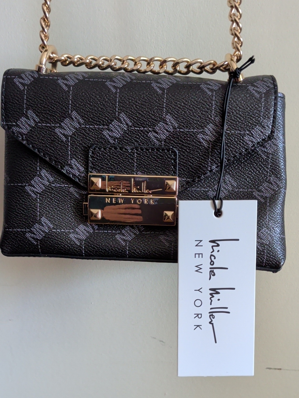 Nicole Miller Black Logo-Print Crossbody with Gold Chain